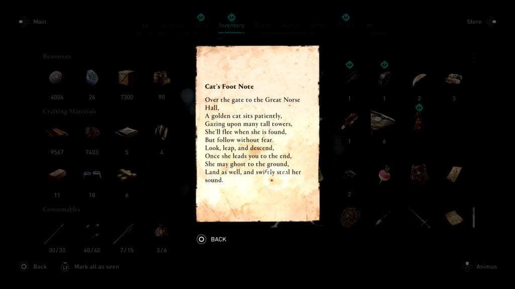 Assassin’s Creed Valhalla Cat's Foot Note Riddle