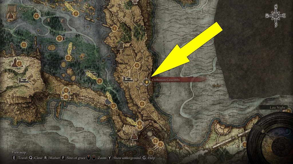 Elden Ring Cliffbottom Catacombs Location Map