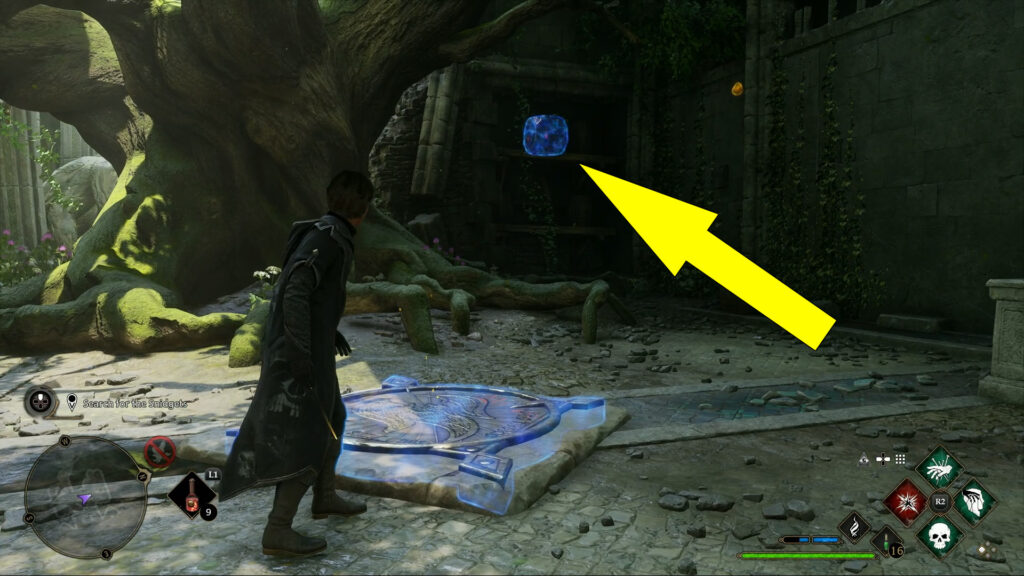 Bring the cube in this image on the pedestal with the fire symbol.