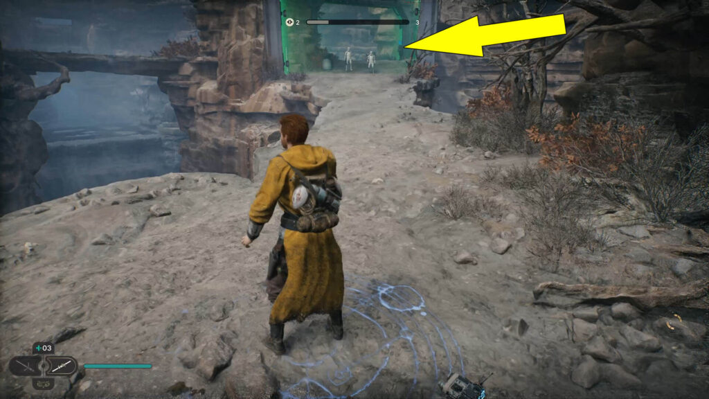 The first chest is between two green barriers