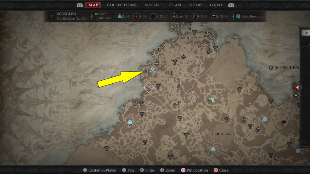 Diablo 4 A Briny Fate side-quest becomes available in Marowen on the northwestern coast of Scosglen.