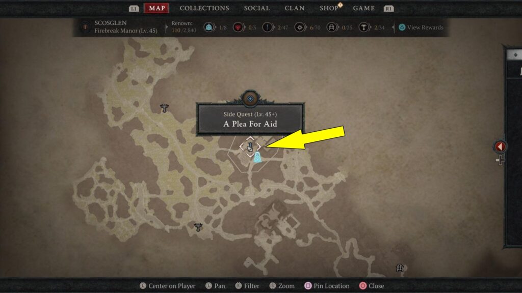 Diablo 4 A Plea For Aid starts at Firebreak Manor in Scosglen