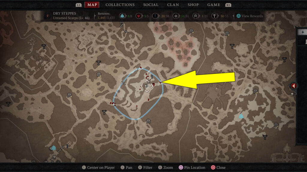Skeletons marked with red dots in the search area
