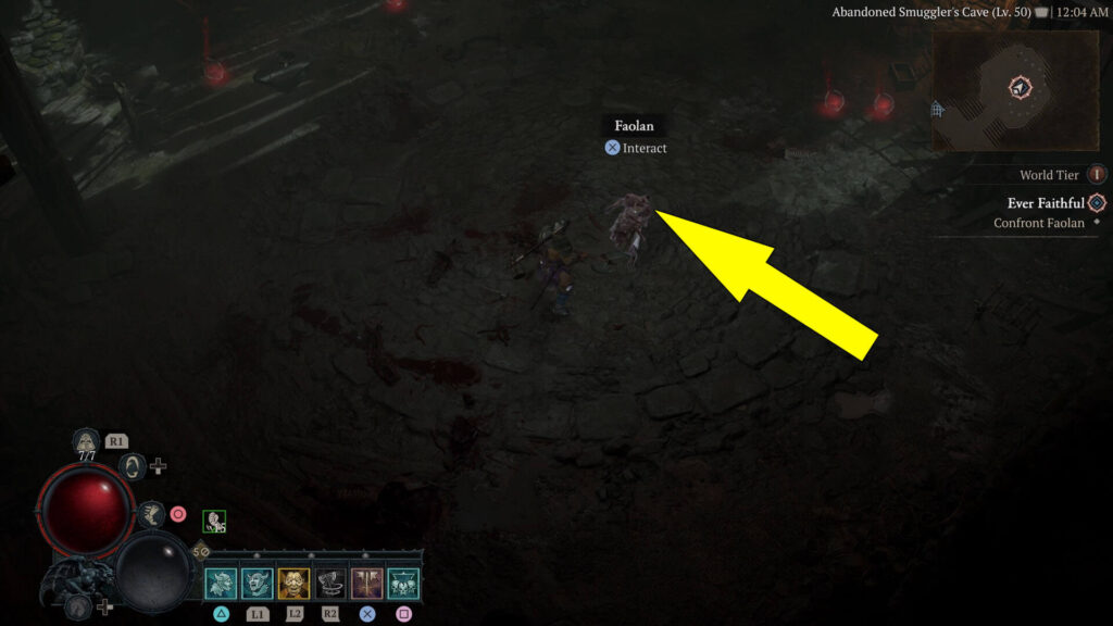 Faolan is found standing in the middle of a larger area in the Abandoned Smuggler's Den