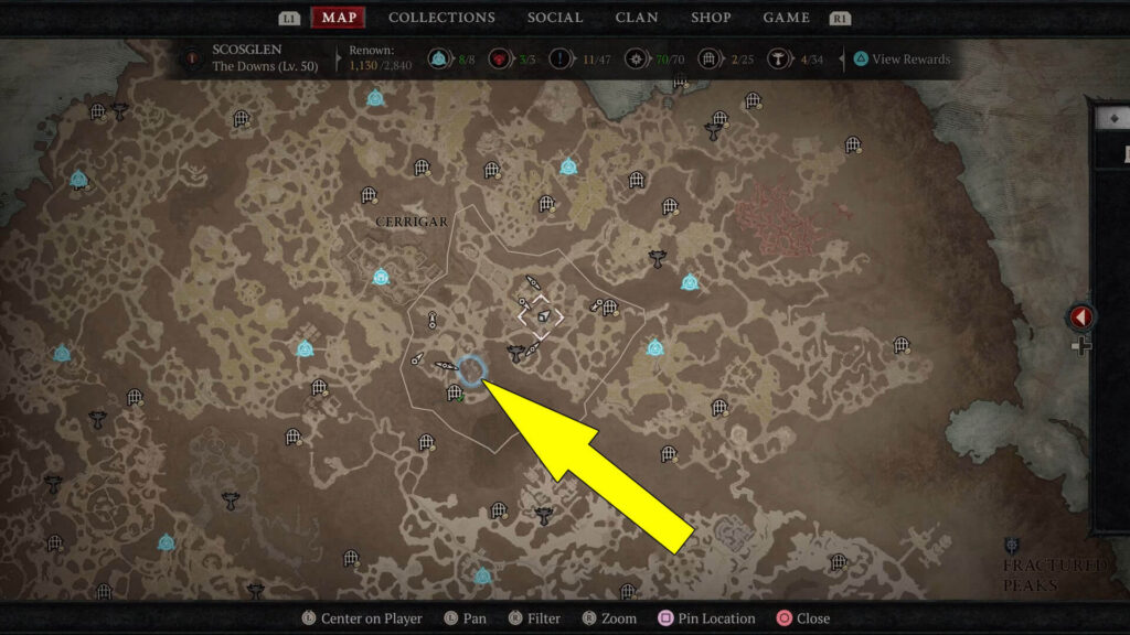 The Burned Farm is located in The Scorched Orchards on the southwest side of The Downs area
