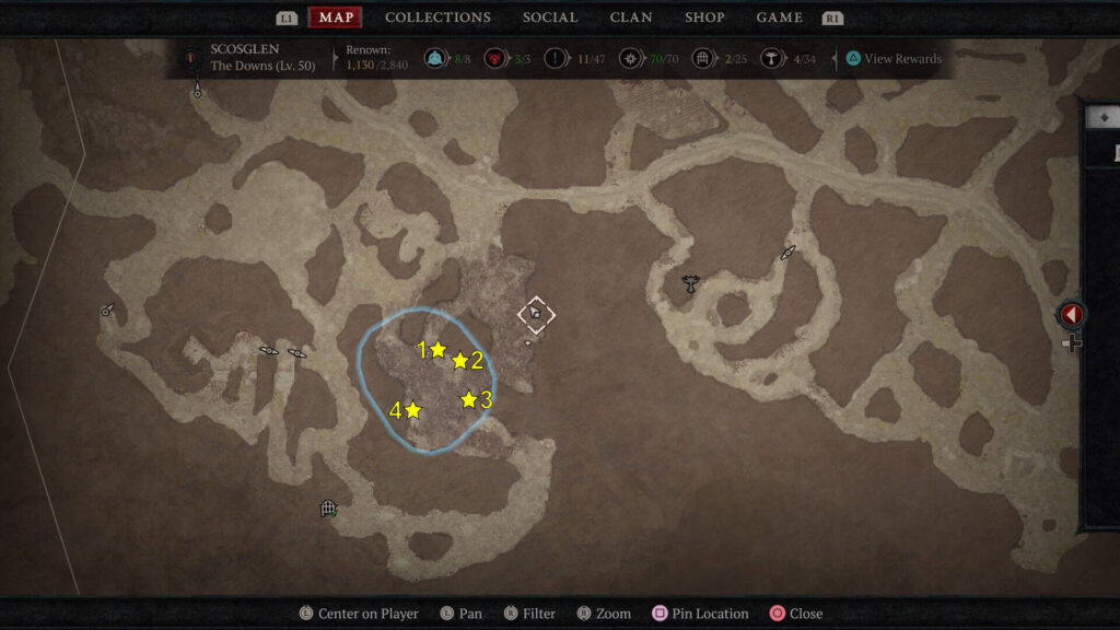 The locations of the four journal entries in the Burned Farm
