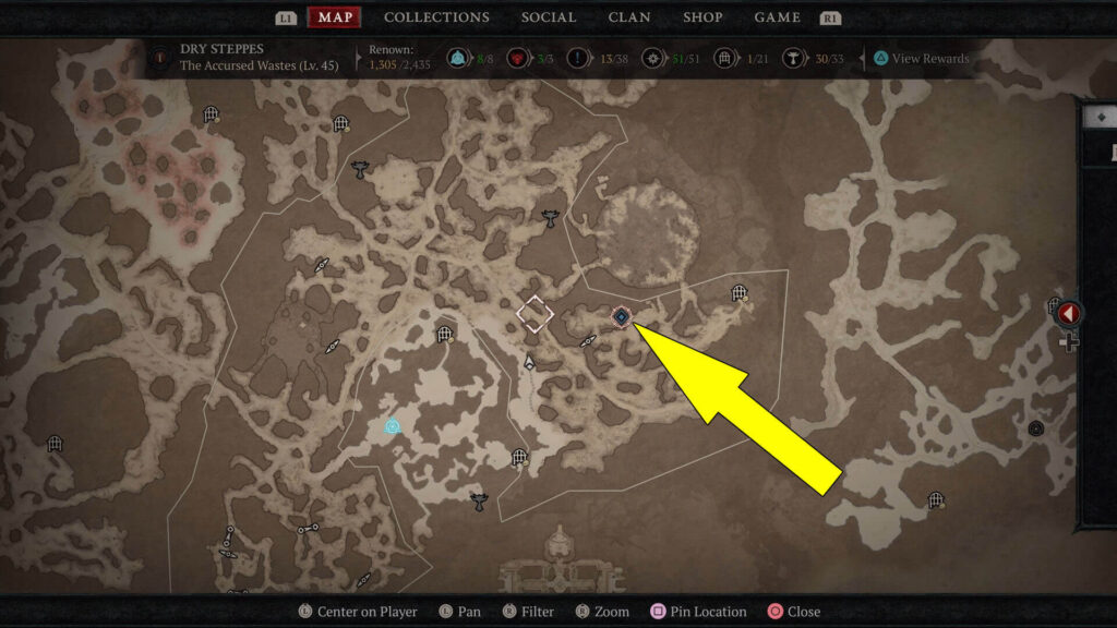 Ruins of Saraan are located in the Foothills of Saraan on the east side of the Accursed Wastes area