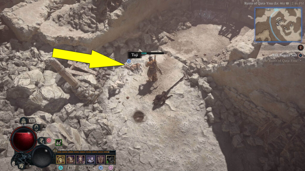 The goat is found next to some rubble and a petrified man