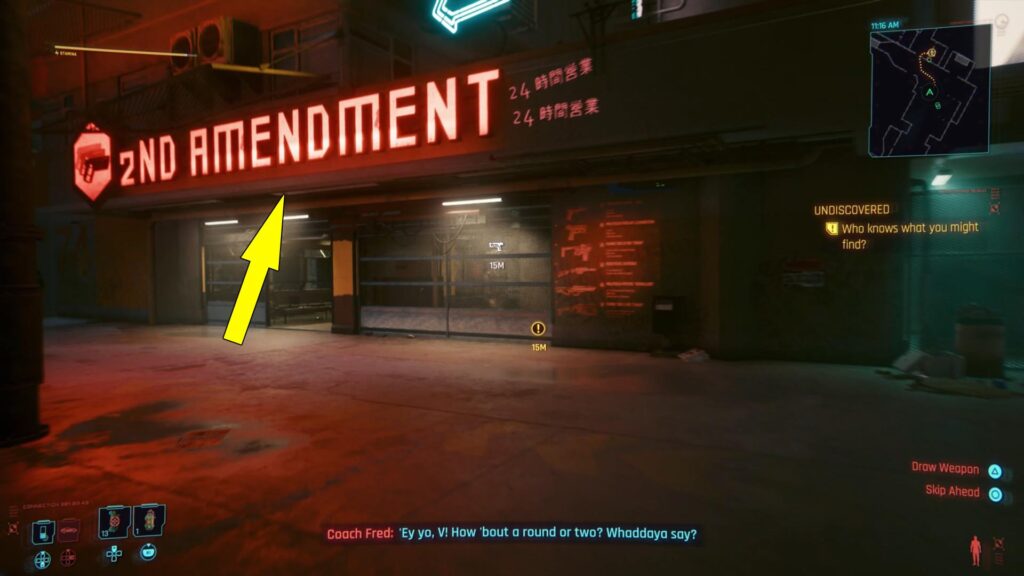 To collect your gun in Cyberpunk 2077, find Wilson's Shop named 2nd Amendment.