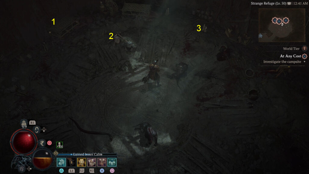 The Dusty Cot, Destroyed Cookpot, and Half-Melted Candles are found in the campsite in the Strange Refuge