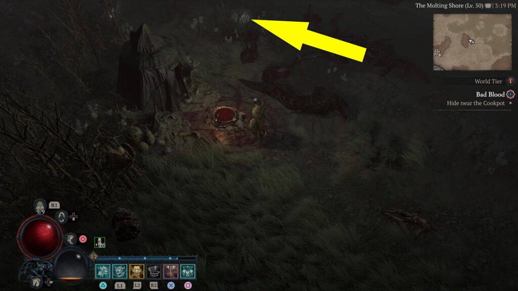 Hide at the spot highlighted white near the water