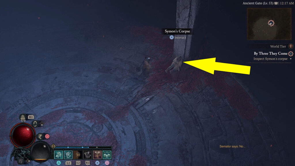 Symon's corpse is found leaning against a pillar