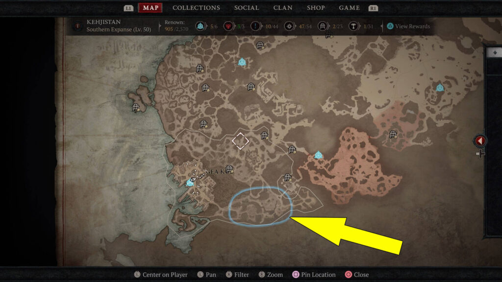 The quest's search area is located on the south side of the Southern Expanse