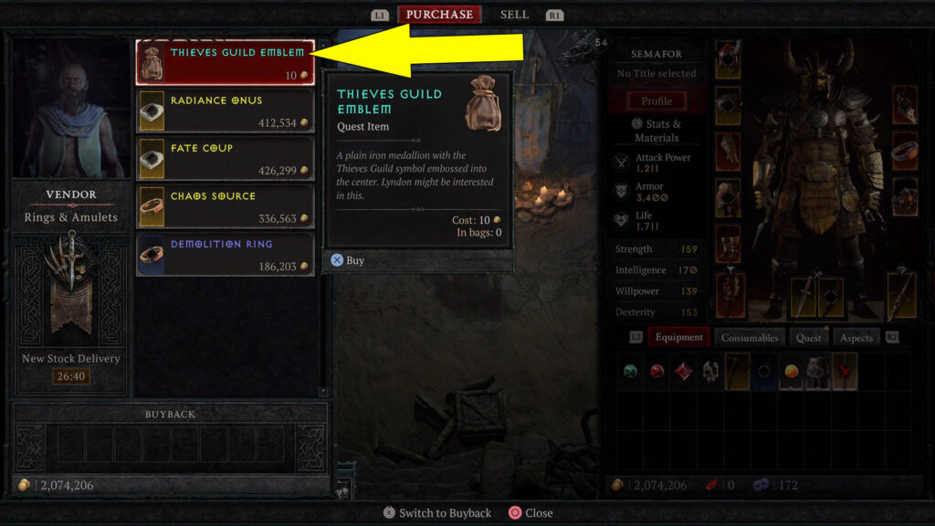 Buy the Thieves Guild Emblem from Mislan, the Rings & Amulets merchant