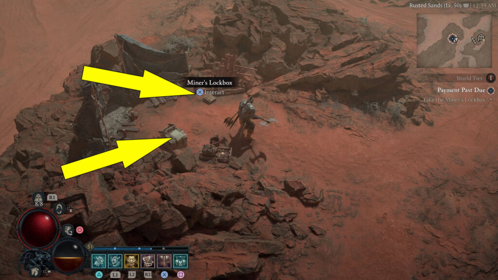 The Miner's Lockbox is on the ground, and next to it on a chest, you can also find Nageed's Letter