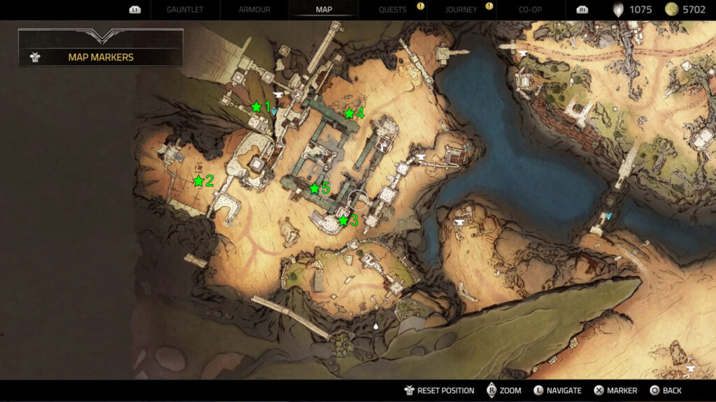 The map shows all Atlas Fallen History of the Shattered Keep Clues locations.