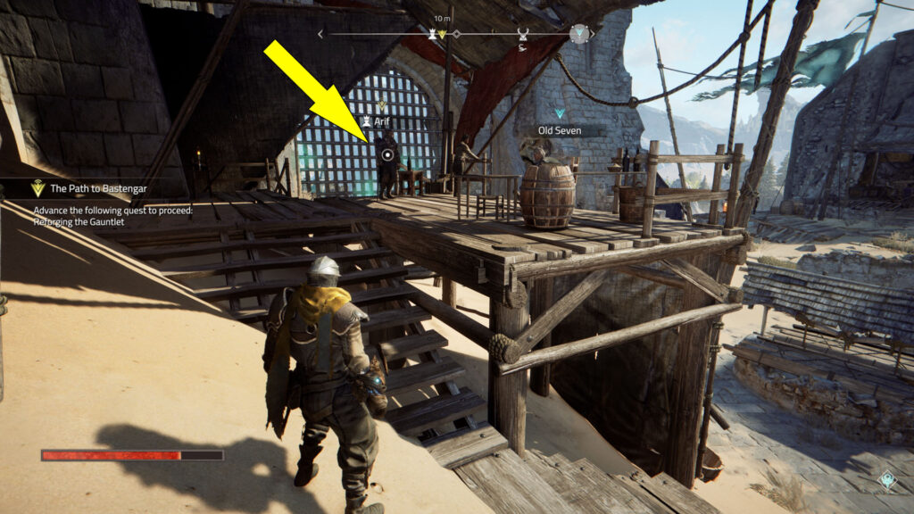 You can find Arif standing on a wooden platform in Castrum VII