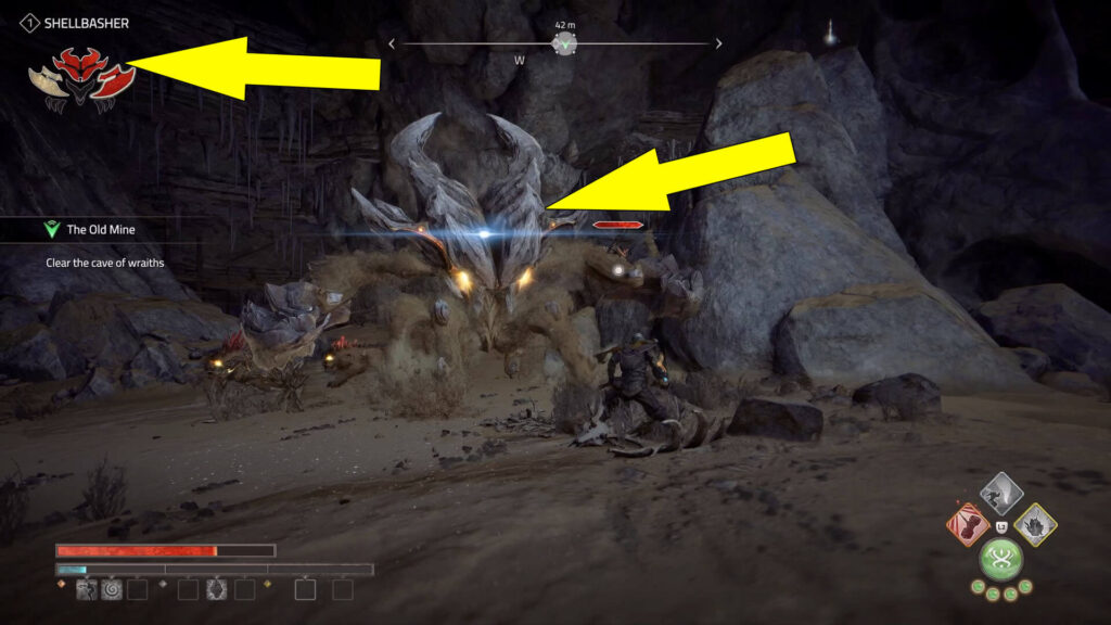 Hit the Shellbasher enemy in the spots highlighted with red in the top left corner of your screen