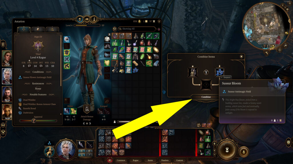 Place the Sussur Bloom in the empty slot of the Power Generator and press Combine to activate the Arcane Tower.