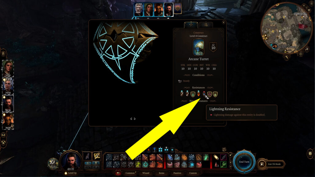 The Arcane Turrets are weak to Lightning Damage and they will take double damage.