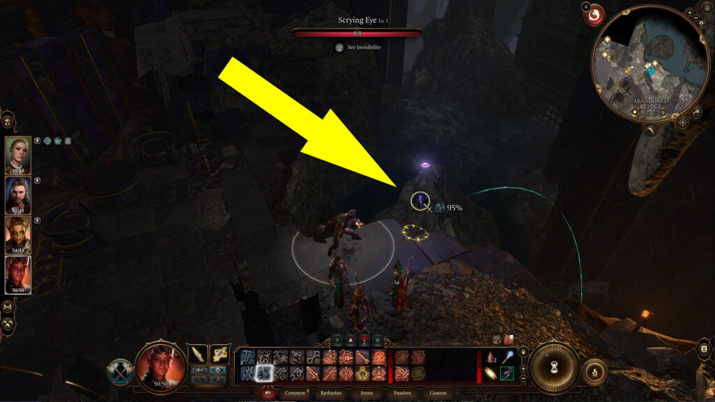 Use the Shove action to push the Scrying Eye off the cliff in the chasm to destroy it.
