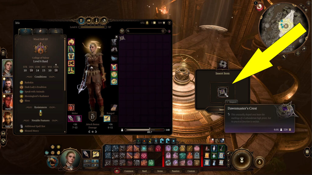 Place the Dawnmaster's Crest into the Crest Panel to disable the security system and grab the Blood of Lathander.