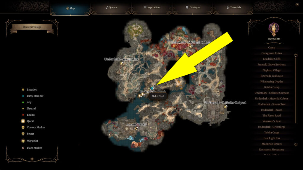 To find and kill the duergar intruders led by Gekh Coal, you must make your way to the Underdark Beach southwest of the Myconid Colony.