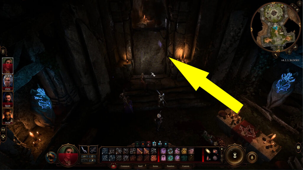 Equip the Key of the Ancients to open the Stone Slab door and leave the Enclave Library.