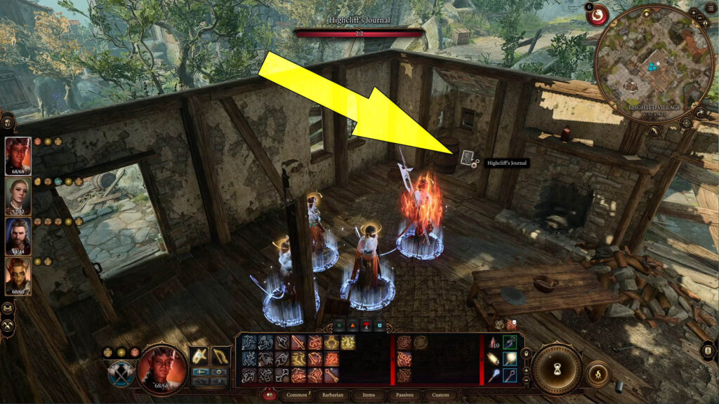 In order to start the Finish the Masterwork Weapon, you must interact with the Highcliff's journal hidden behind a wooden barrel to the left of the fireplace.