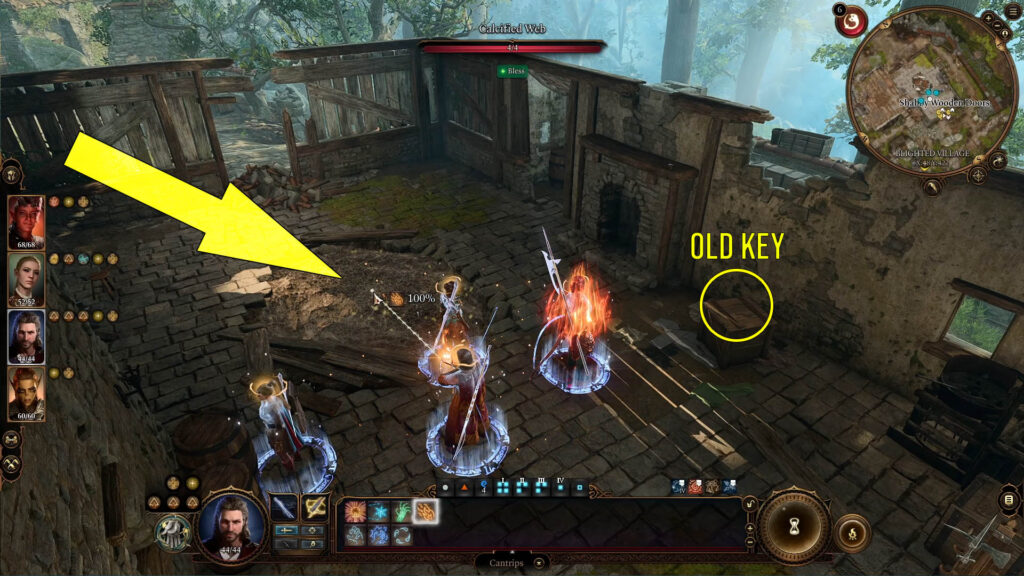 Use either a fire spell or one of the few torches around the building to burn the Calcified Web and grab the old key from on top of the wooden crate beside the fireplace.