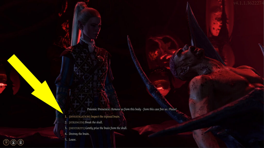 All the available dialogue options to save or destroy the exposed brain.