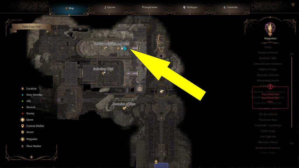 The Faith-Leap Trial is located directly below the Self-Same Trial in the Gauntlet of Shar. 
