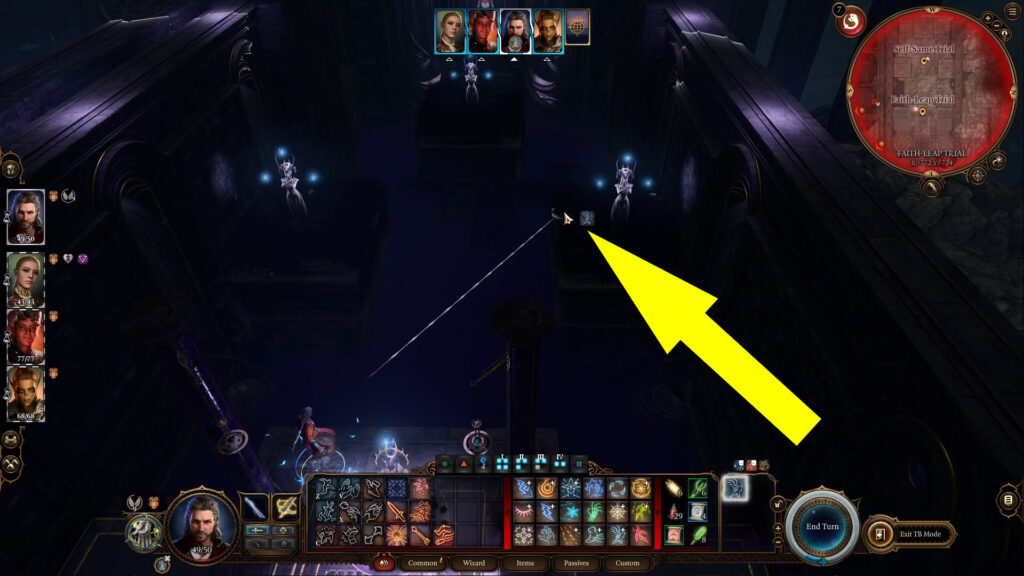 Grant yourself the ability to fly using the scroll or a spell and fly to one of the two platforms.