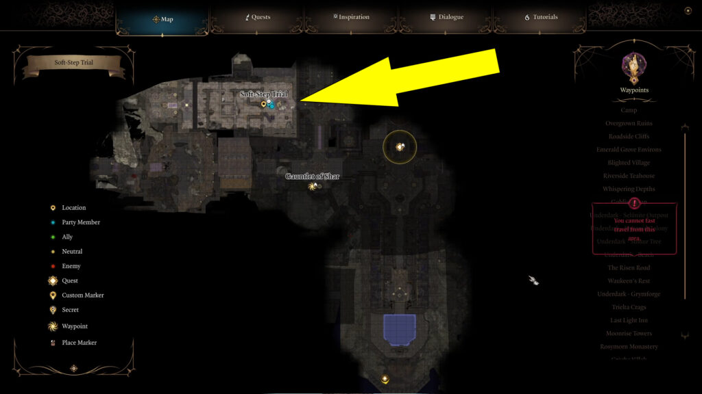The Soft-Step Trial is located northwest of the Gauntlet of Shar waypoint, behind a Bulky Door.