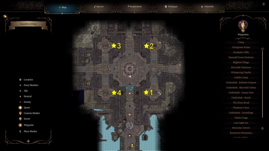 There are four crypts around the Umbral Gem, two on the left and two on the right, each with a Lever.