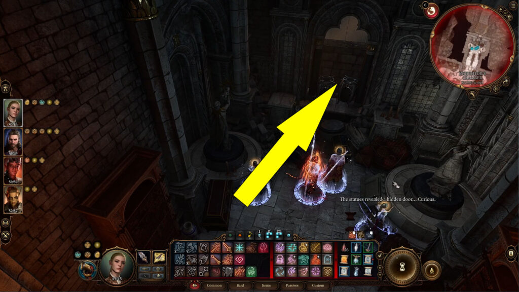 Turn the left statue towards the west , and turn the right statue towards the east to solve the Inquisitor's Chamber Statue Puzzle.