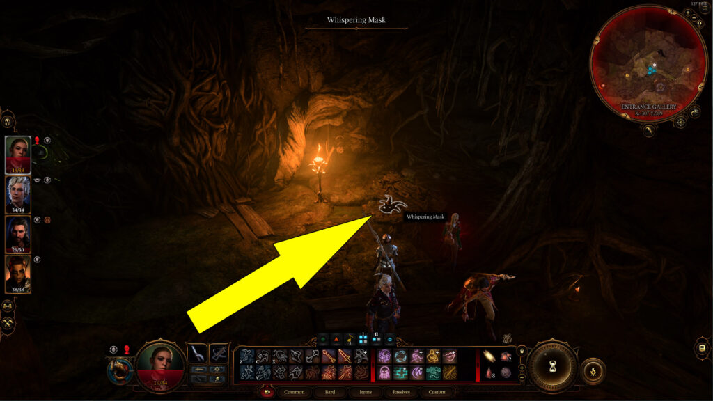 Equip one of the Whispering Mask on the nearby table to pass through the Gnarled Door in the Overgrown Tunnel.