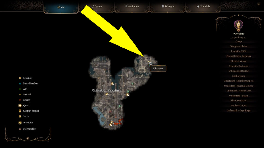 Philomeen Hiding Spot can be found in the northeastern part of Grymforge.