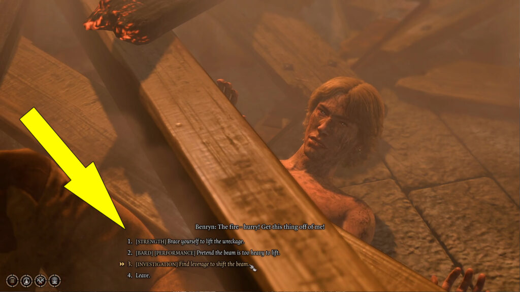 Select one of the two dialogue options to lift the beam and rescue the trapped man.
