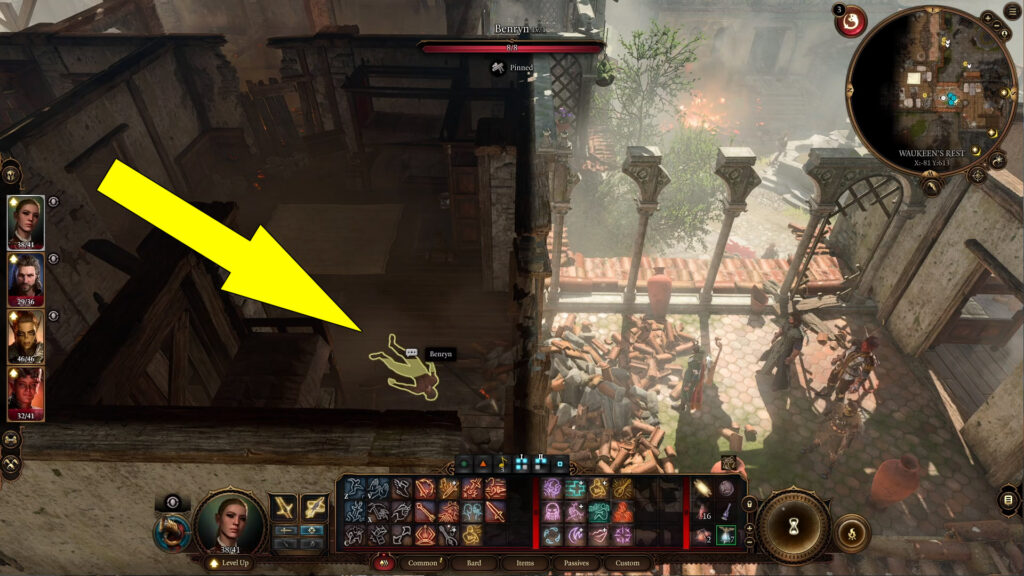 You'll find the trapped man, Benryn, stuck under a couple of wooden beams in the burning building.