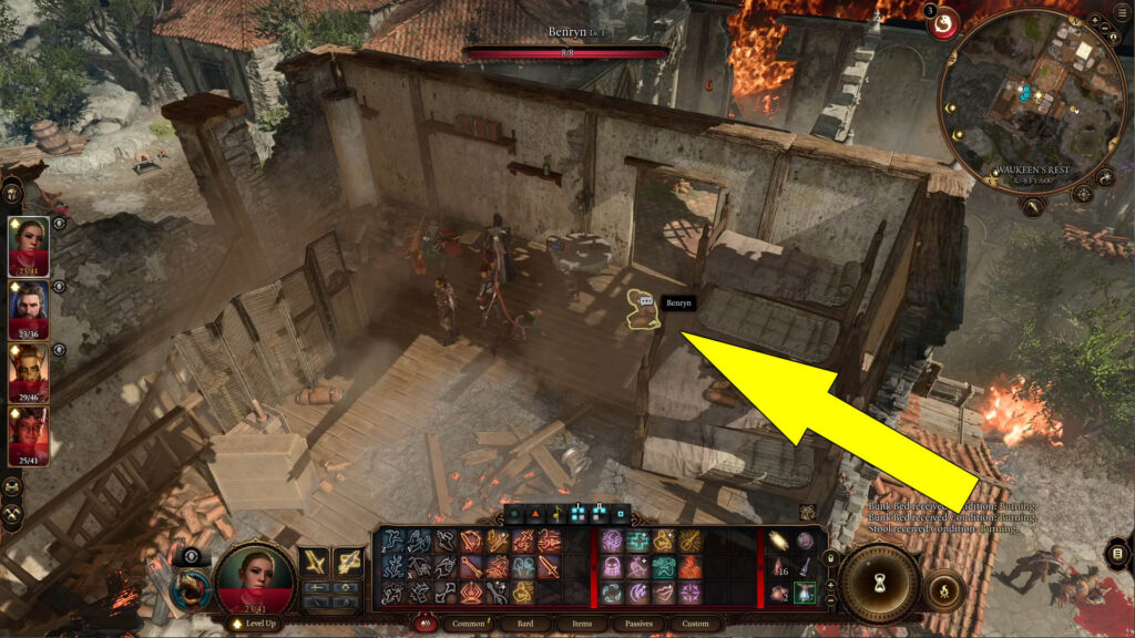 You'll find Benryn grieving Mirileth loss near her corpse in the western building.