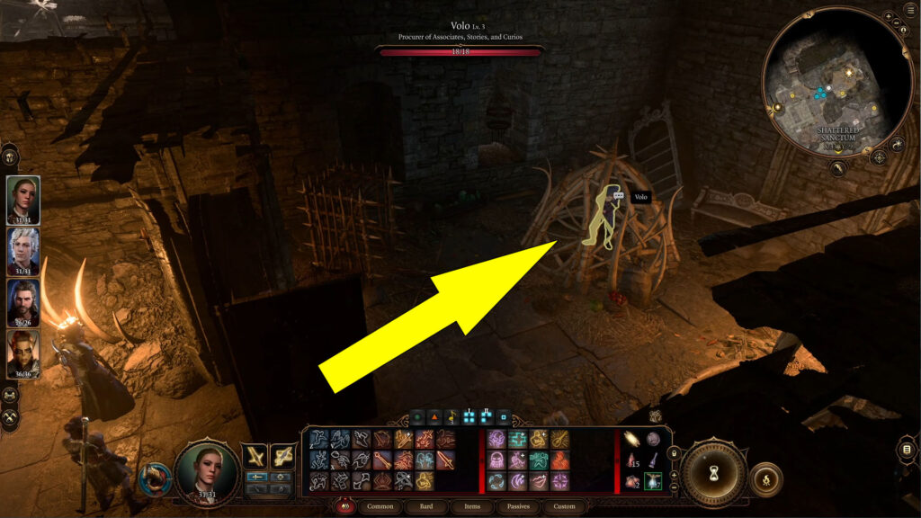 Volo can be found in a cage in the Shattered Sanctum, an underground part of the Goblin Camp.