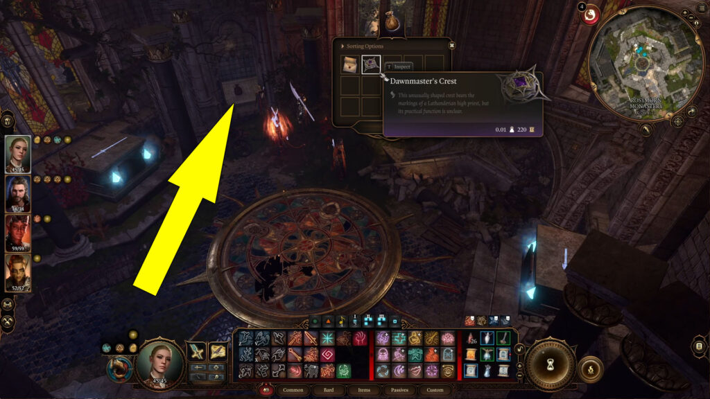 Place all four weapons on their pedestals to reveal a hidden compartment next to the Ceremonial Sword, revealing a pouch containing a letter and the Dawnmaster's Crest.