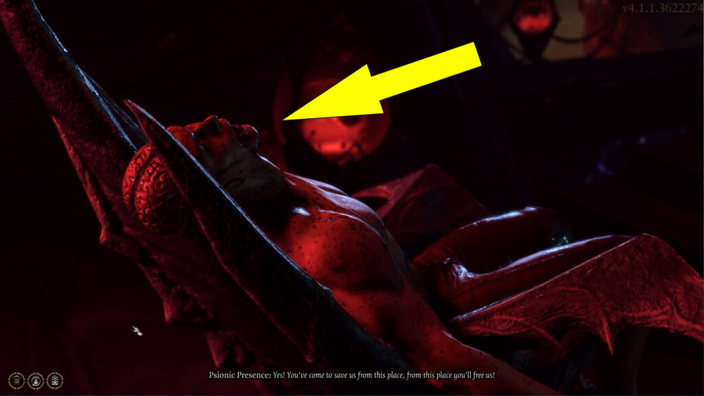 Psionic Presence asking for help from the man with the exposed brain on the chair.