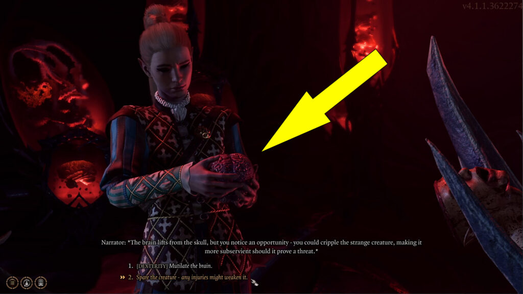 The dialogue options to mutilate the brain or spare the creature.