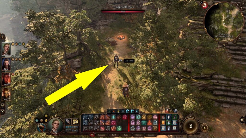 Lady Esther is up northeast of Trielta Crags waypoint, by her camp.
