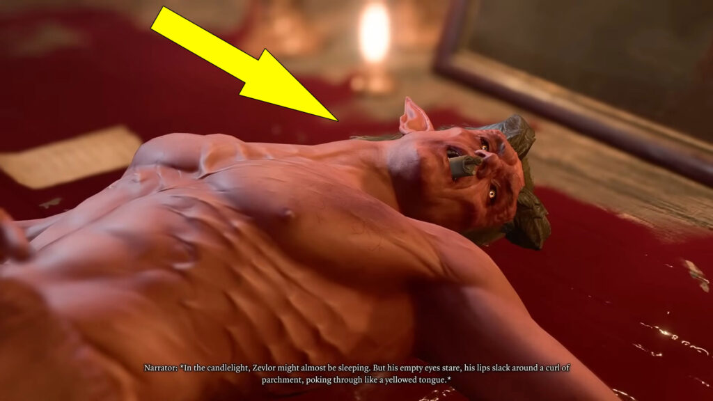 In one of your camp visits during Act 3, you'll stumble upon a truly horrifying sight: Zevlor's murder. It's a gruesome scene, with his disfigured body on display next to a painting.