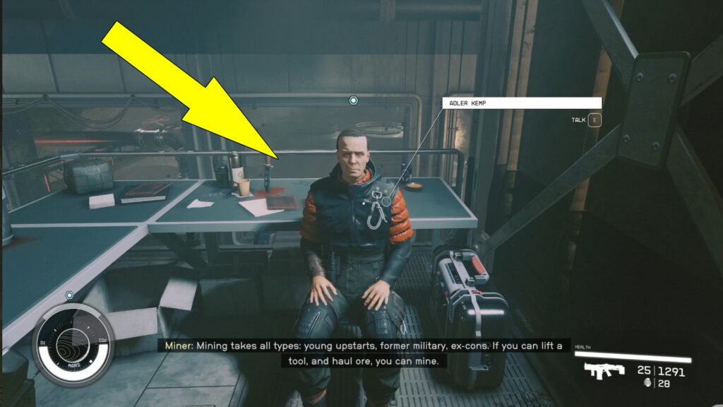 To find Adler Kemp, head back up the ramp toward the entrance of Cydonia and take the first left. You'll spot him sitting on a chair in a small balcony area before the Broken Spear bar.