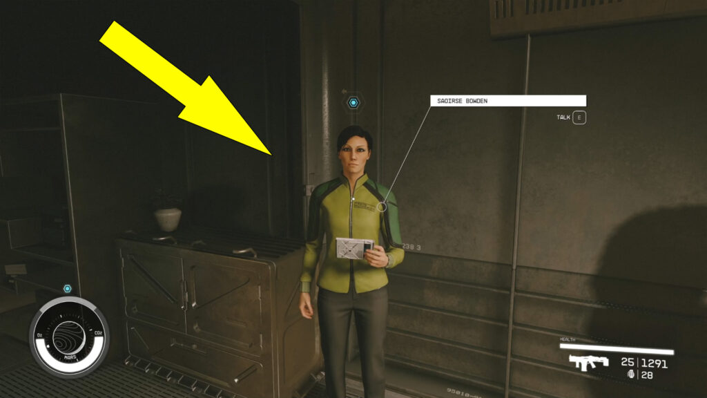 After you enter the Cydonia - Central Hub, head down the ramp and enter the first doorway on the right to find Saoirse Bowden.