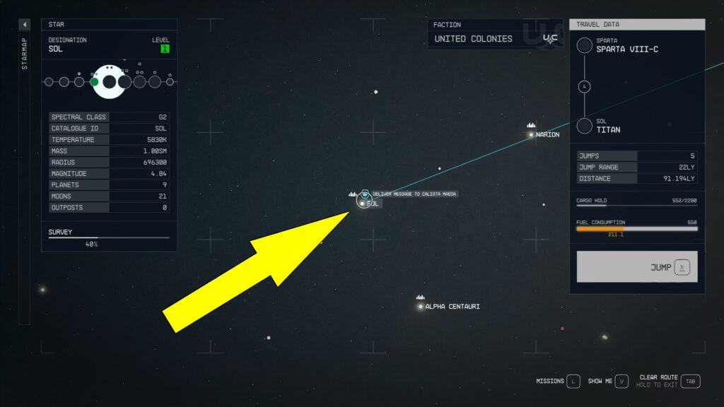 During my playthrough, I had to deliver the message to Calista Maeda on the planet Titan in the Sol system.